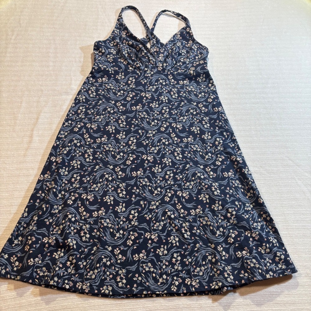 Patagonia Amber Dawn Dress Navy Blue Floral Cross Back A-Line 59085 Small
